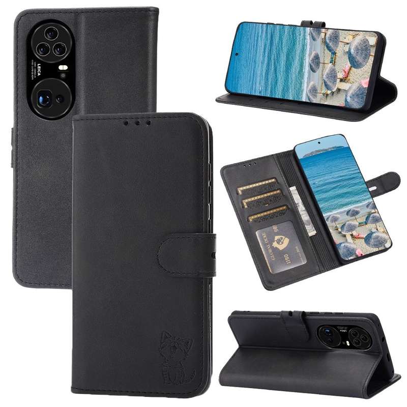For Huawei P50 Pro Embossed Happy Cat Pattern Horizontal Flip Leather Case with Holder & Card Slo...