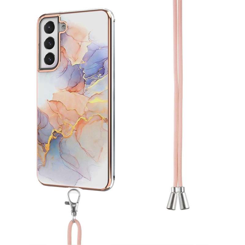 For Samsung Galaxy S21 FE Electroplating Pattern IMD TPU Shockproof Case with Neck Lanyard(Milky ...
