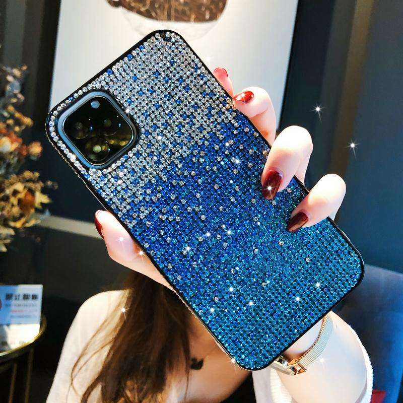 For iPhone 11 Pro Max PC + Crystal Diamond Tri-Color Gradient Protective Case(Gradient Blue)