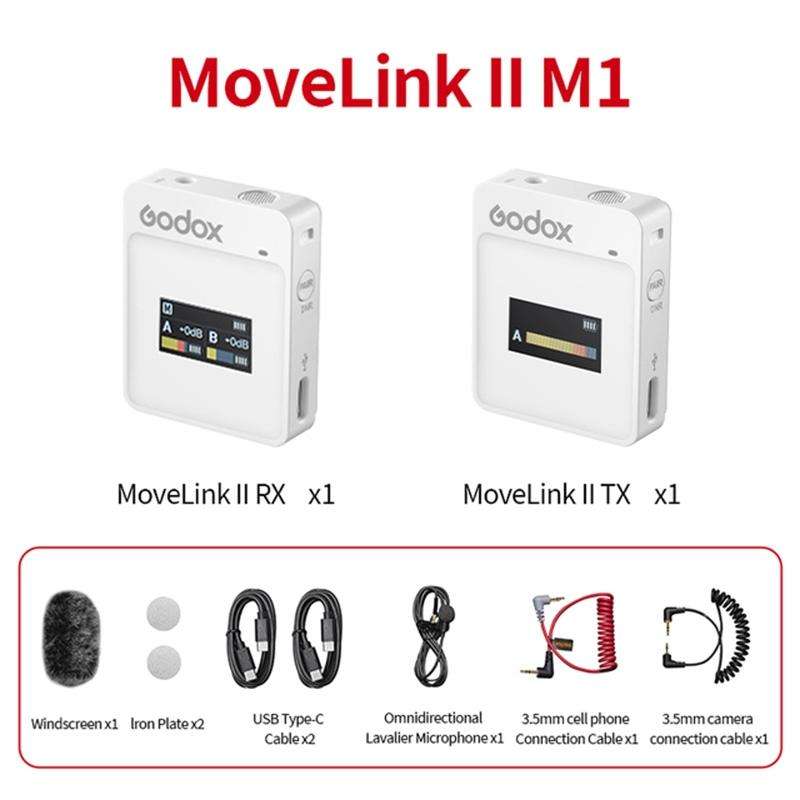 Godox MoveLink II M1 Wireless Lavalier Microphone System with Transmitters and Receiver for DSLR ...
