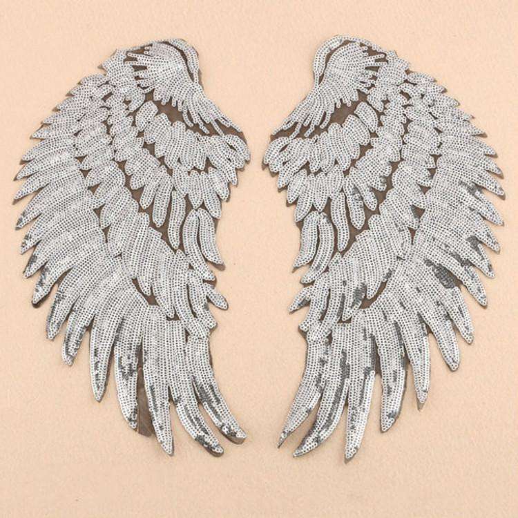 Silver A Pair Sequin Feather Wing Shape Clothing Patch Sticker DIY Clothing Accessories, Size:Sma...