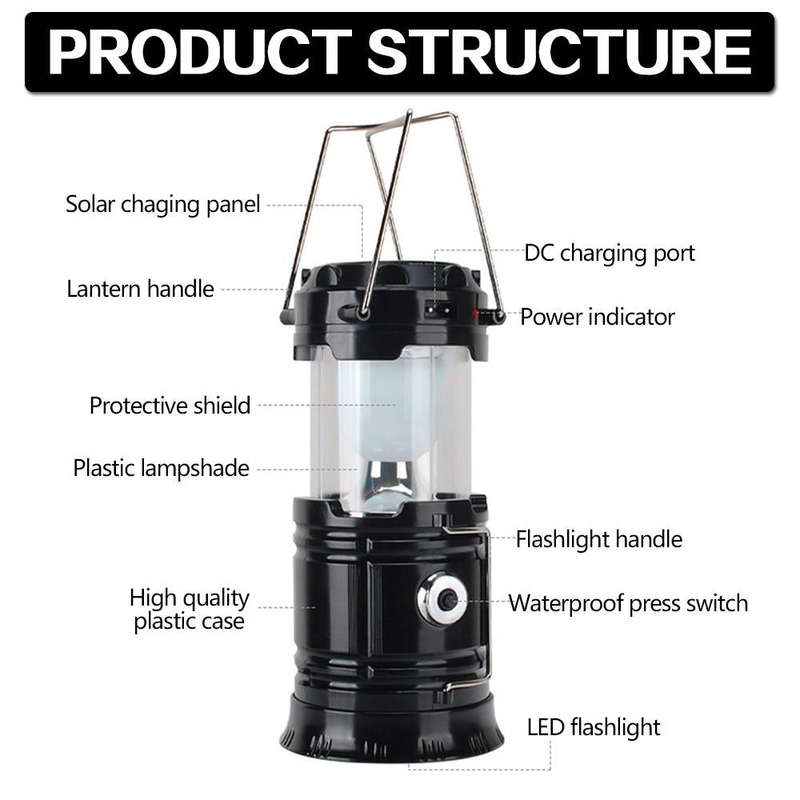 LED Tent Light Solar Rechargeable Camping Light Stretchable Multifunctional Lantern, Support USB ...
