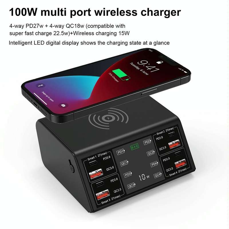 838w 9 in 1 100W 4 PD 3.0 USB-C / Type-C + 4 QC 3.0 USB Ports Smart Digital Display Wireless Char...