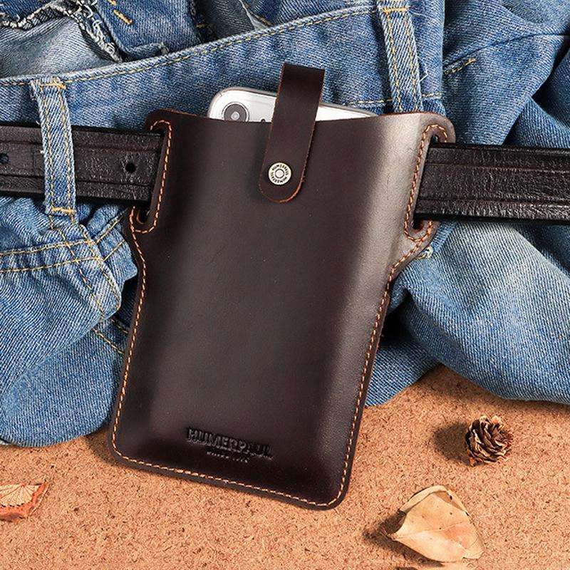 HUMERPAUL Men Leather Retro Belt Mobile Phone Bag(Khaki)