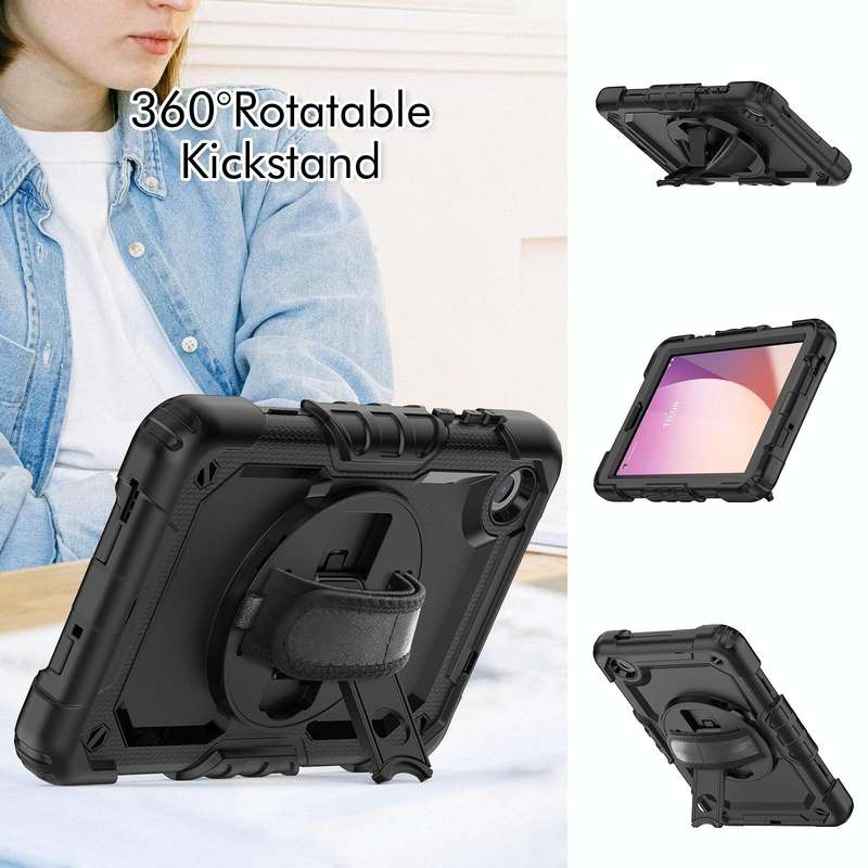For Lenovo Tab M8 4th Gen Silicone Hybrid PC Tablet Case with Shoulder Strap(Black)
