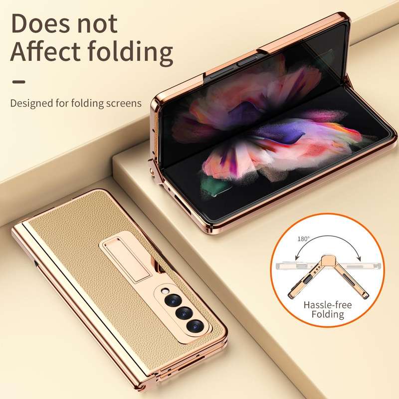 For Samsung Galaxy Z Fold3 5G Litchi Texture Leather Hinged Electroplated Phone Case with S Pen F...