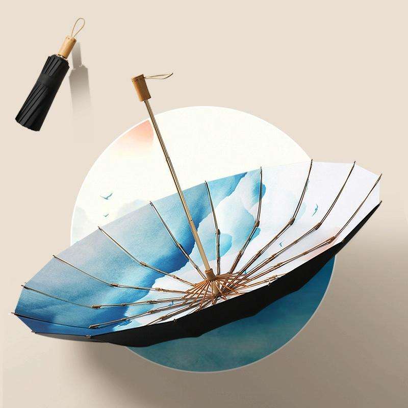 3-fold 16-bone Hand Open Umbrella Retro Wood Handle Black Glue Sunshade Umbrella(Sunset Mountain)