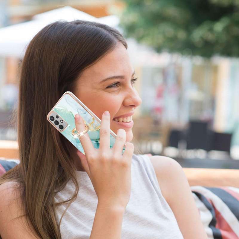 For Samsung Galaxy A73 5G Electroplating Marble IMD TPU Phone Case with Ring Holder(Green 003)