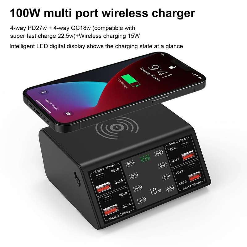 838w 9 in 1 100W 4 PD 3.0 USB-C / Type-C + 4 QC 3.0 USB Ports Smart Digital Display Wireless Char...