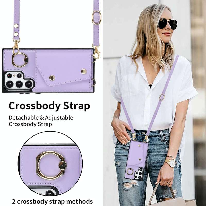 For Samsung Galaxy S22 Ultra 5G Zipper Card Bag Phone Case with Dual Lanyard(Purple)