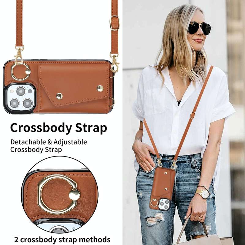 For iPhone 13 Pro Max Zipper Card Bag Phone Case with Dual Lanyard(Brown)