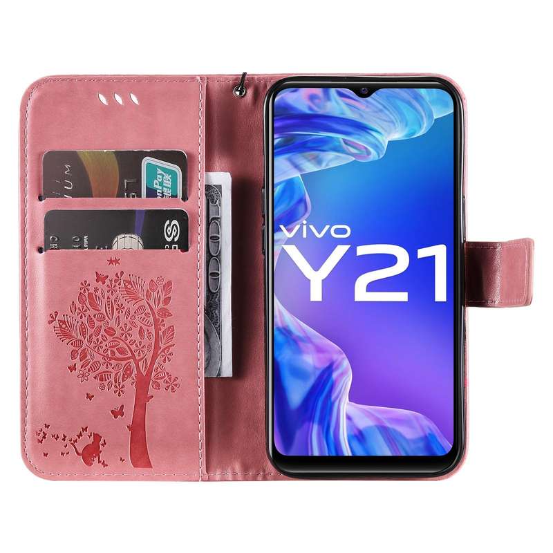 For vivo Y21/Y21s/Y33s Tree & Cat Embossing Pattern Horizontal Flip PU Leather Case with Holder &...
