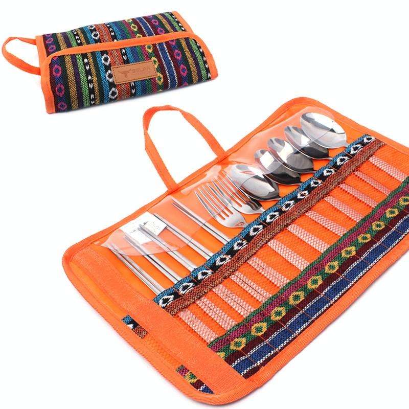 Outdoor Tableware 12 Piece Suit Camping Portable Stainless Steel Chopsticks Knife Fork Spoon Supp...