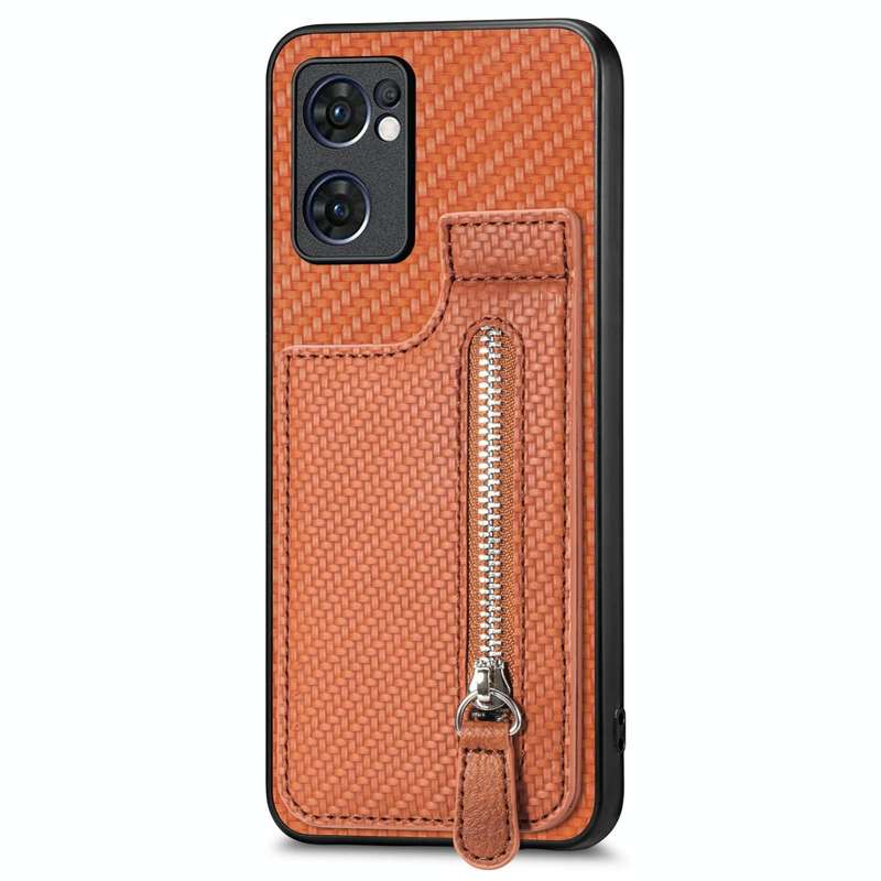For OPPO Reno7 5G Carbon Fiber Vertical Flip Zipper Phone Case(Brown)