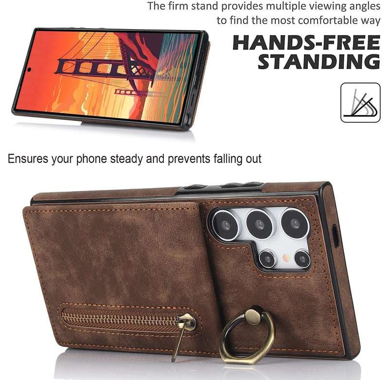For Samsung Galaxy S24 Ultra 5G Retro Ring and Zipper RFID Card Slot Phone Case(Brown)