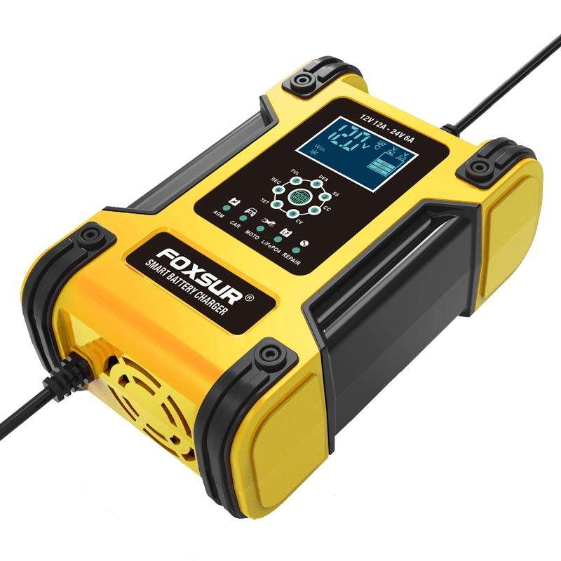 FOXSUR 12A / 12V / 24V Car / Motorcycle 7-stage Lead-acid Battery AGM Charger, Plug Type:EU Plug(...