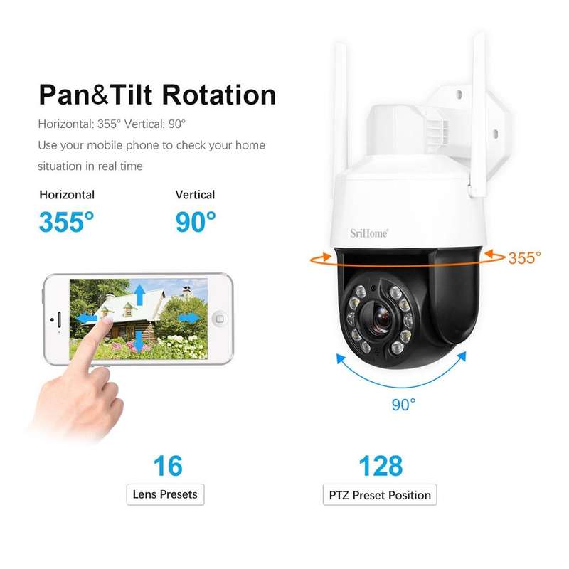 SriHome SH041 5.0MP 20X Optical Zoom 2.4G/5G WiFi IP66 Waterproof AI Auto Tracking H.265 Video Su...
