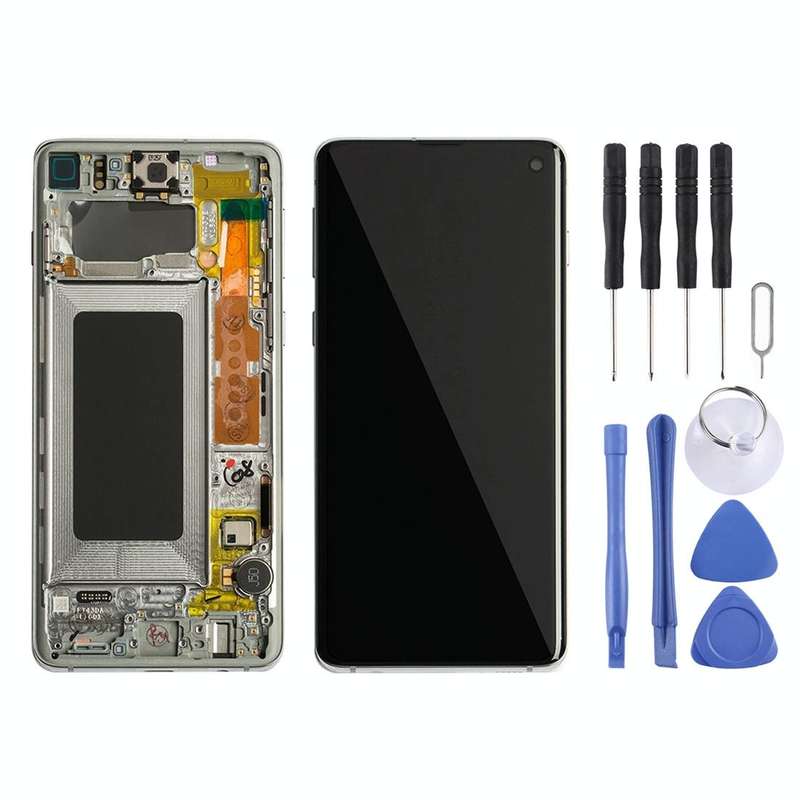 Original Super AMOLED LCD Screen for Galaxy S10 4G Digitizer Full Assembly with Frame (White)