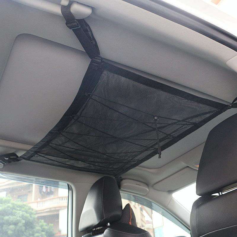 Car Ceiling Storage Net Bag Draw Rope Double-Layer Zipper Car Storage Net Pocket(80x55cm)