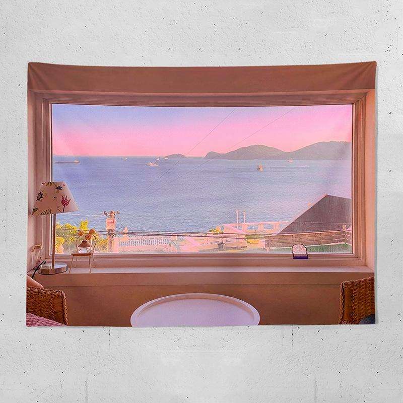 Sea View Window Background Cloth Fresh Bedroom Homestay Decoration Wall Cloth Tapestry, Size: 200...