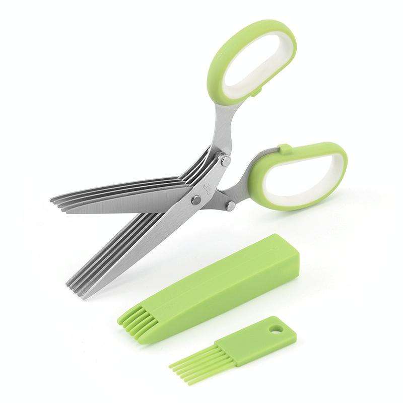 Five-Layer Vegetable Scissors Office Shredding Stainless Steel Scissors(Green White)
