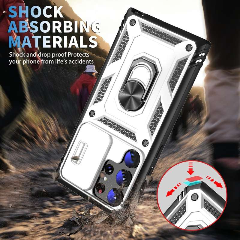 For Samsung Galaxy S24 Ultra 5G Sliding Camshield TPU + PC Phone Case with Holder(White+Black)