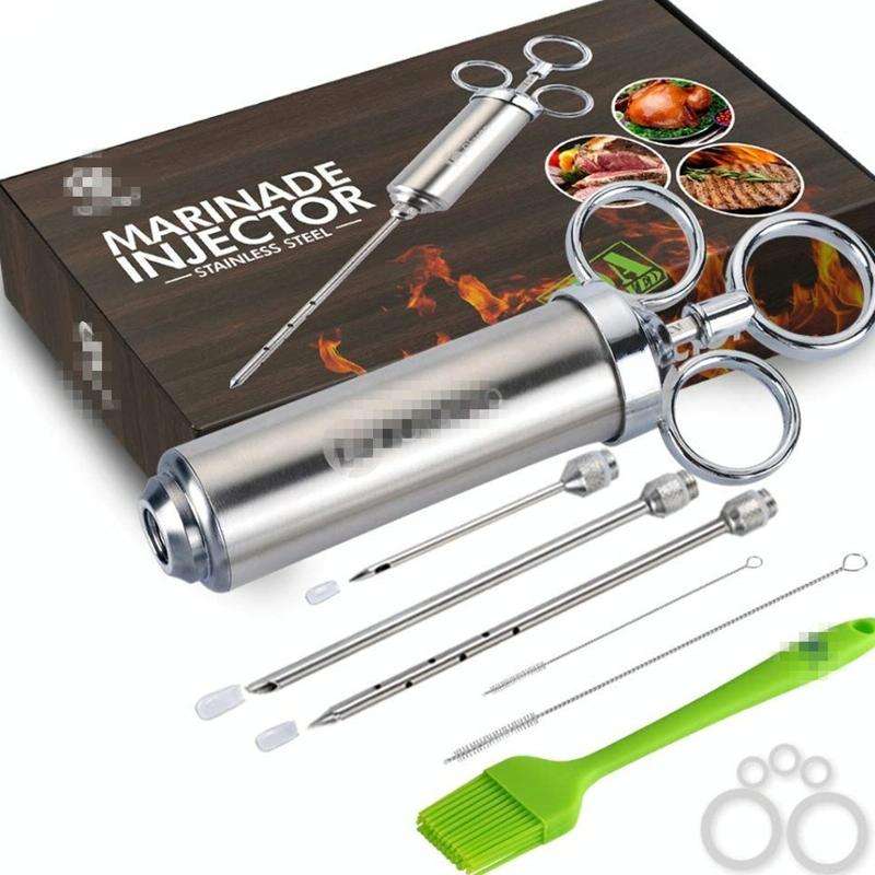 Stainless Steel Seasoning Steak Syringe Turkey Needle Set With Cleaning Silicone Brush(Blue)
