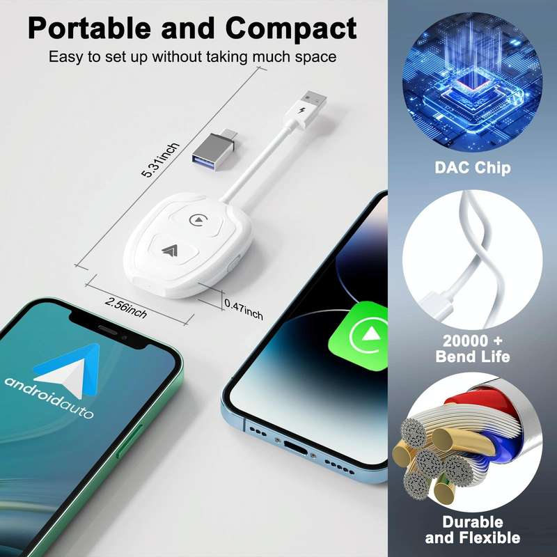 THT-020-9-1 USB + USB-C / Type-C Wired to Wireless Carplay / Android Auto Adapter(White)
