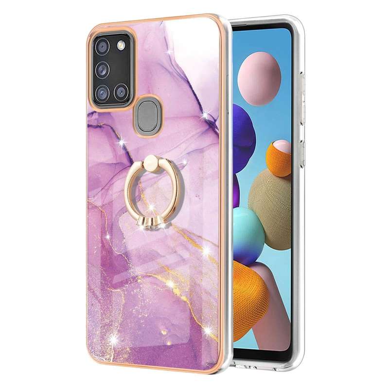 For Samsung Galaxy A21s Electroplating Marble Pattern IMD TPU Shockproof Case with Ring Holder(Pu...
