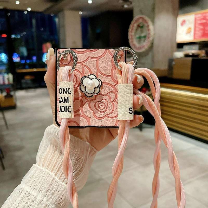 For Samsung Galaxy Z Flip4 5G Impression Camellia Pattern Protective Phone Case with Long Lanyard...