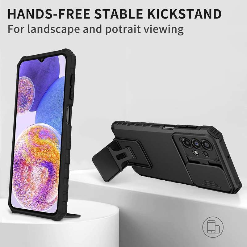 For Samsung Galaxy A23 4G Stereoscopic Holder Sliding Camshield Phone Case(Black)