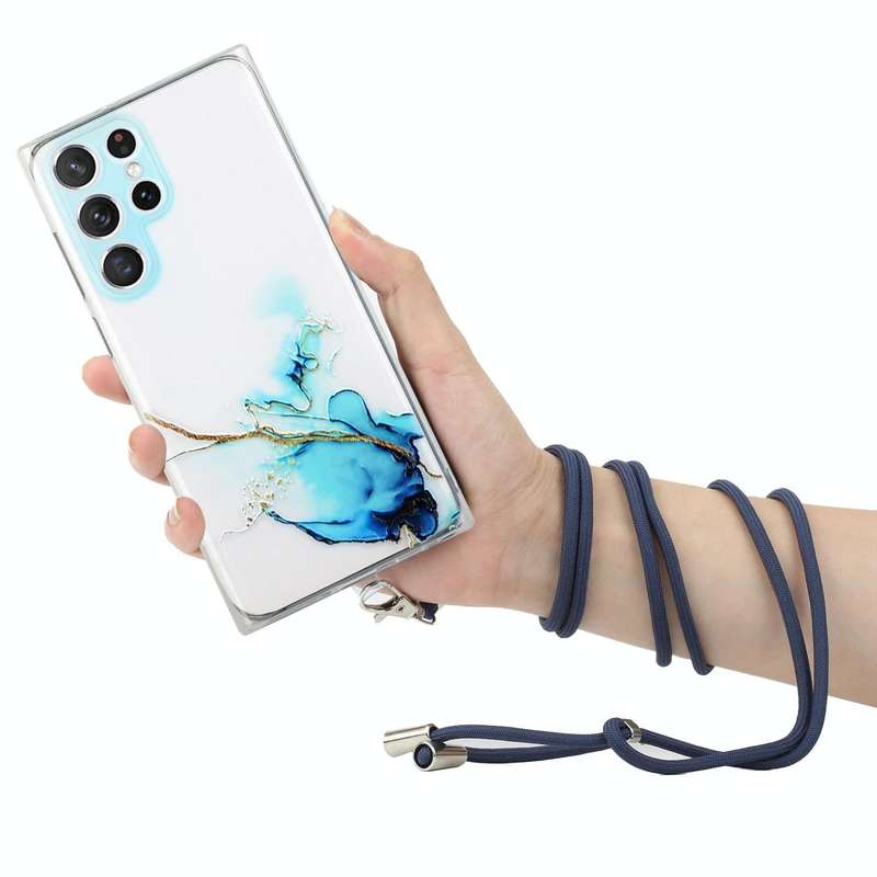 For Samsung Galaxy S22 Ultra 5G Hollow Marble Pattern TPU Shockproof Phone Case with Neck Strap R...