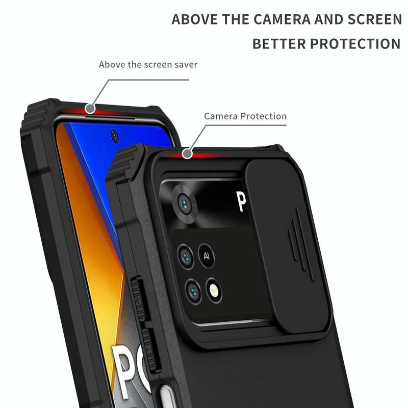 For Xiaomi Poco M4 Pro 4G Stereoscopic Holder Sliding Camshield Phone Case(Black)