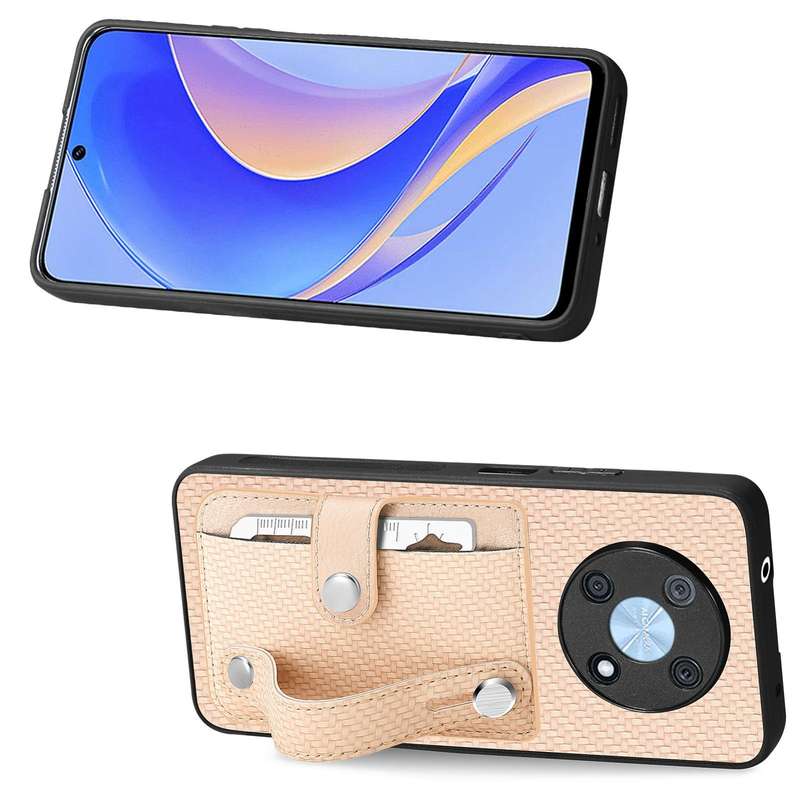 For Huawei Nova Y90 Wristband Kickstand Card Wallet Back Cover Phone Case with Tool Knife(Khaki)