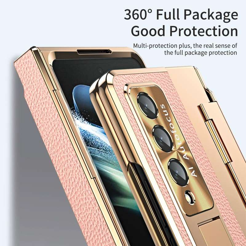 For Samsung Galaxy Z Fold4 Integrated Full Coverage Phone Case with Hinge(Gold+Pink)