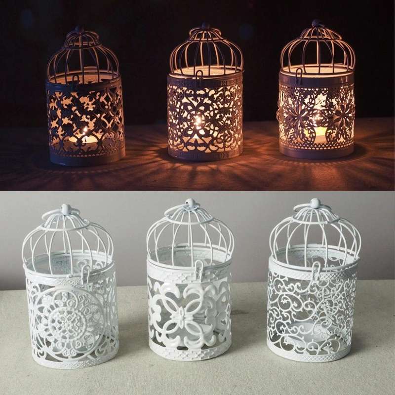 Antique Creative Bird Cage Candlestick Wrought Iron Ornaments Hollow Flower Pattern Home Decorati...
