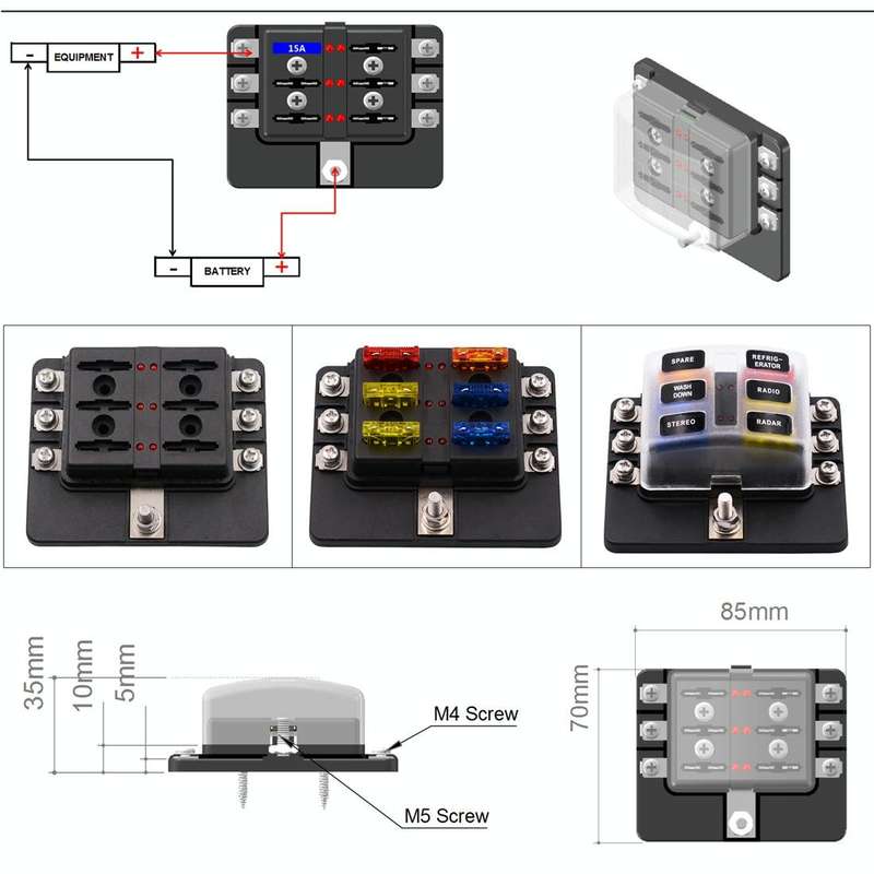 1 in 6 Out 6 Way Circuit Fuse Box Screw Terminal Section Fuse Holder Kits with LED Warning Indica...