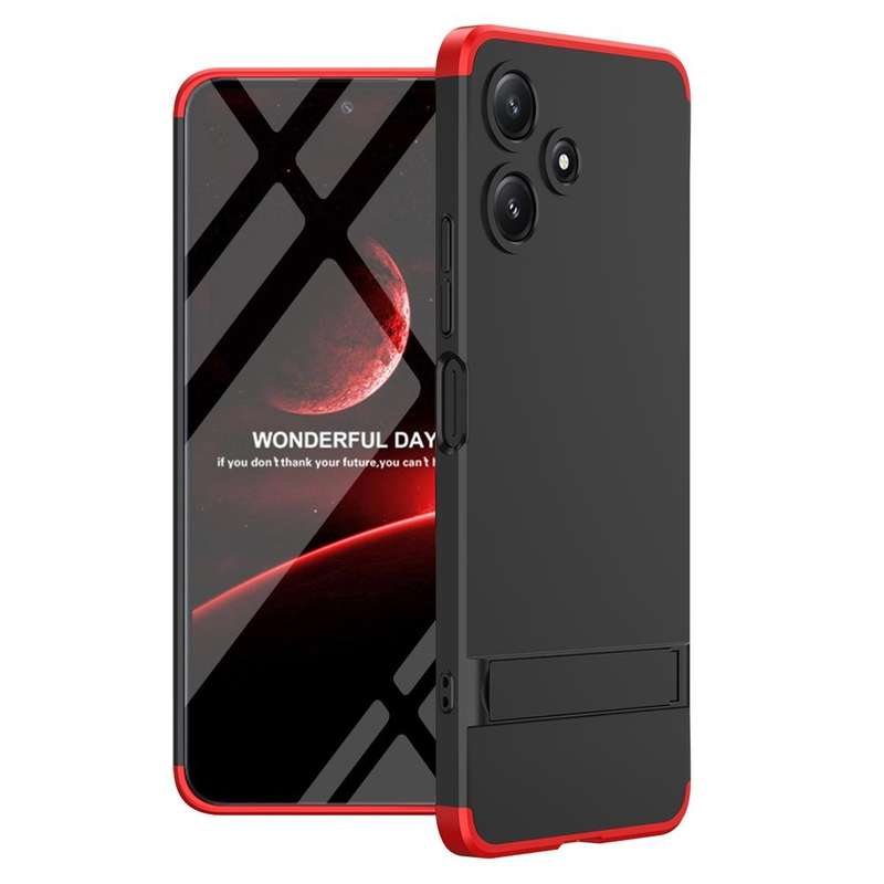 For Xiaomi Redmi 12 5G GKK Three Stage Splicing Full Coverage PC Phone Case with Stand(Black Red)
