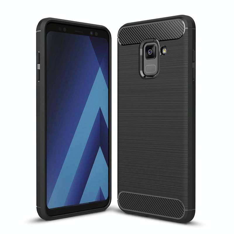 For Galaxy A8 (2018) Brushed Texture Carbon Fiber Shockproof TPU Protective Back Case (Black)