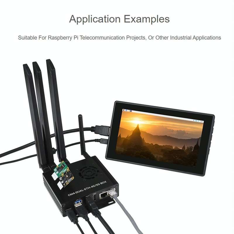 Waveshare Dual Gigabit Ethernet 5G/4G Computer Box with Cooling Fan for Raspberry Pi CM4(US Plug)