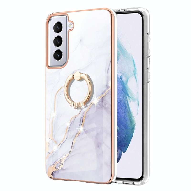For Samsung Galaxy S21 5G Electroplating Marble Pattern IMD TPU Shockproof Case with Ring Holder(...