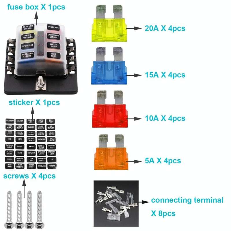 1 in 8 Out Fuse Box PC Terminal Block Fuse Holder Kits with LED Warning Indicator for Auto Car Tr...