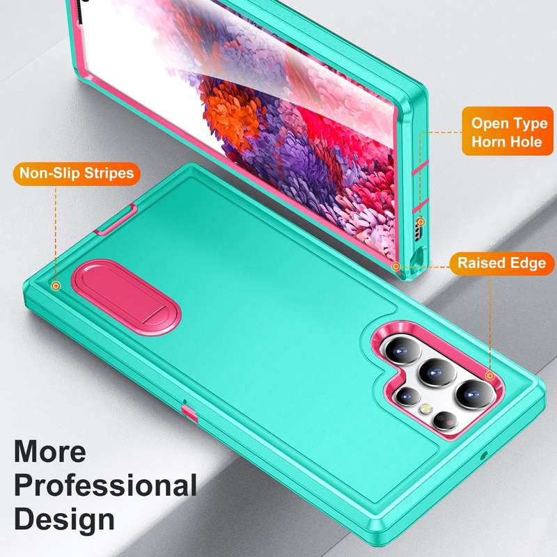 For Samsung Galaxy S22 Ultra 5G 3 in 1 Rugged Holder Phone Case(Blue+Pink)