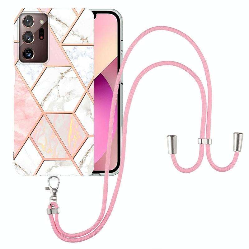 For Samsung Galaxy Note20 Ultra Electroplating Splicing Marble TPU Phone Case with Lanyard(Pink W...