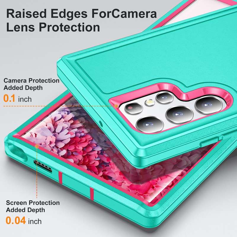 For Samsung Galaxy S22 Ultra 5G 3 in 1 Rugged Holder Phone Case(Blue+Pink)