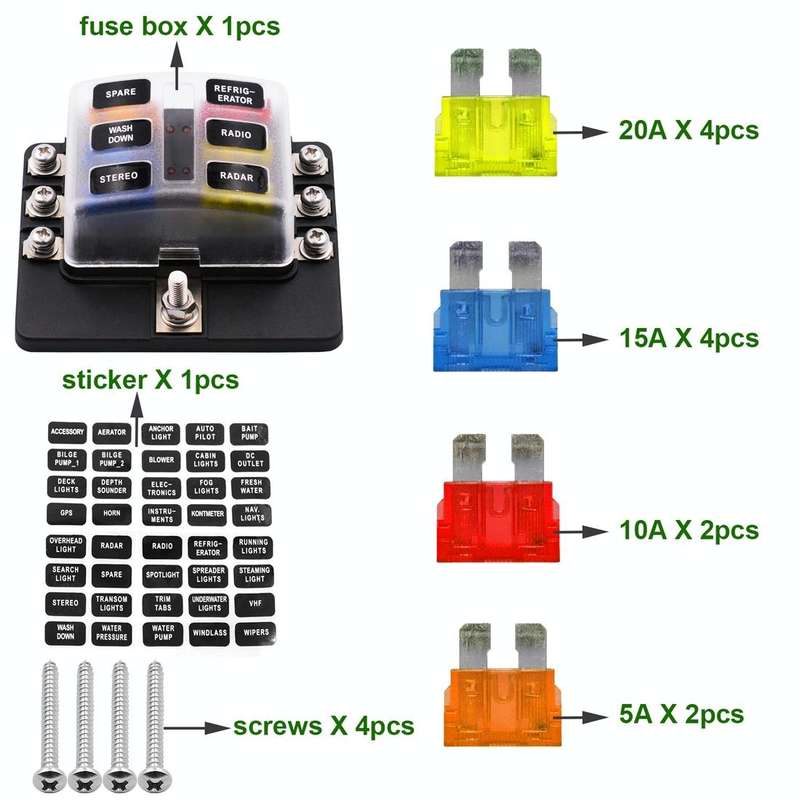 1 in 6 Out 6 Way Circuit Fuse Box Screw Terminal Section Fuse Holder Kits with LED Warning Indica...