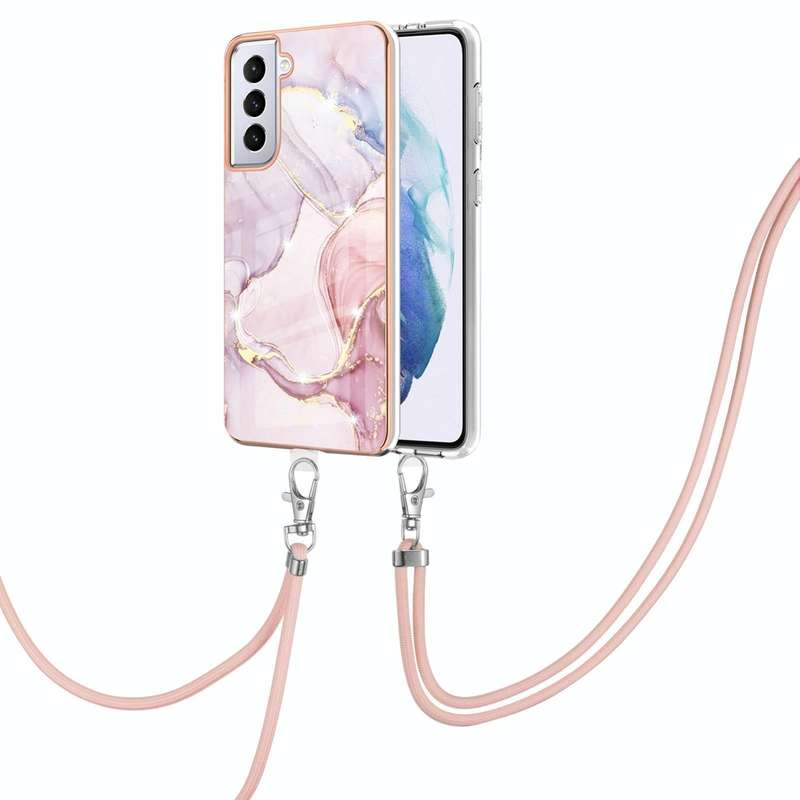 For Samsung Galaxy S21 5G Electroplating Marble Pattern IMD TPU Shockproof Case with Neck Lanyard...