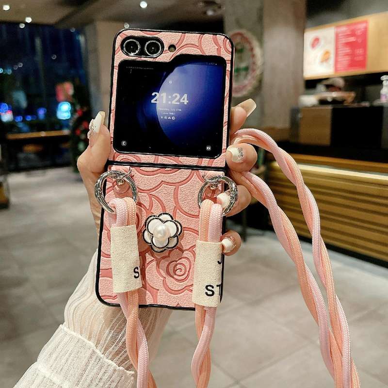For Samsung Galaxy Z Flip4 5G Impression Camellia Pattern Protective Phone Case with Long Lanyard...