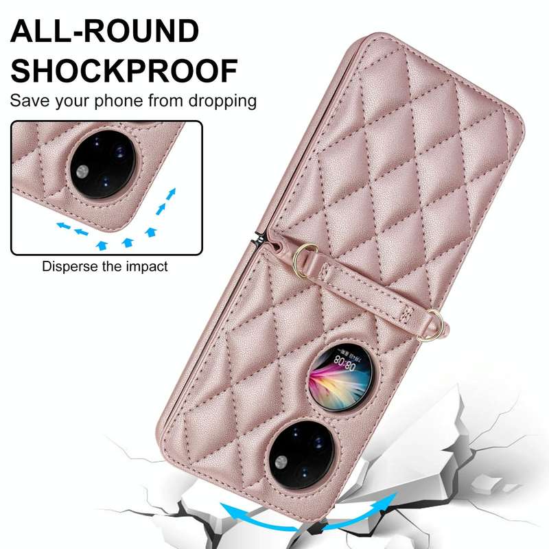 For Huawei P50 Pocket Rhombic Texture Card Bag Phone Case with Dual Lanyard(Rose Gold)