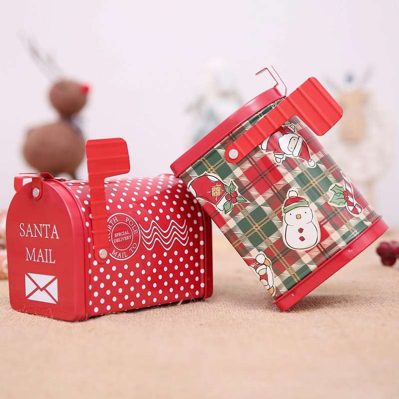 Christmas Decorations Tinplate Mailbox Box Children Gift Cartoon Candy Box(Cartoon Lattice)